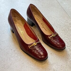 Salvatore Ferragamo Women's Dark Red Croc-Embossed Heels